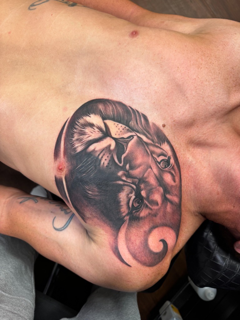Lion Chest Realism Tattoo by Boneface