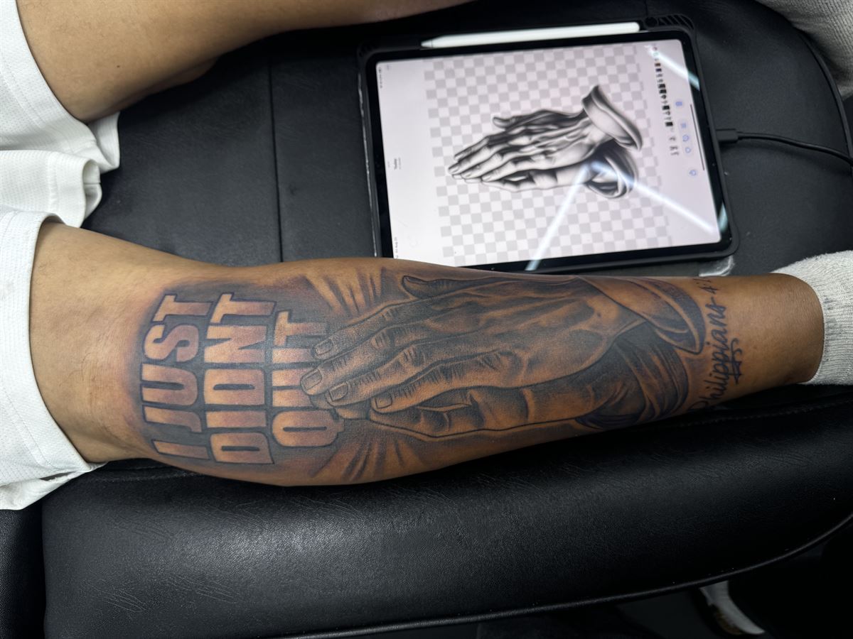 Praying Hands & Script Tattoo by Boneface
