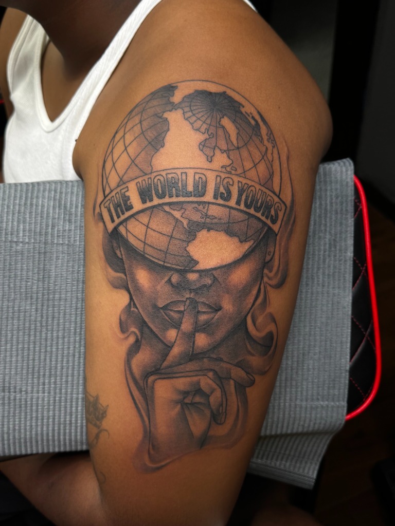 The World Is Yours Globe Realism Tattoo by Boneface