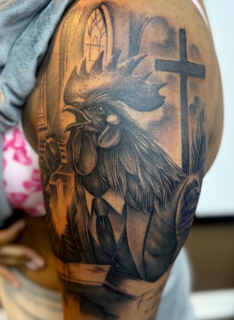 Rooster in Suit & Cross Tattoo by Boneface