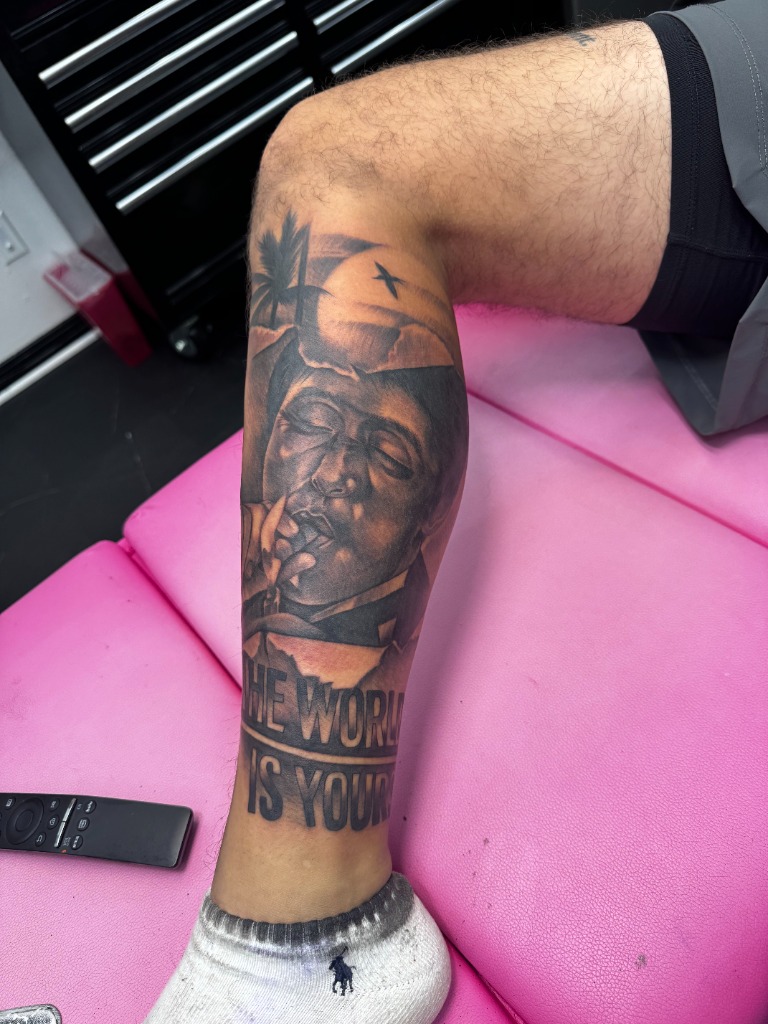 Scarface The World Is Yours Leg Tattoo by Boneface