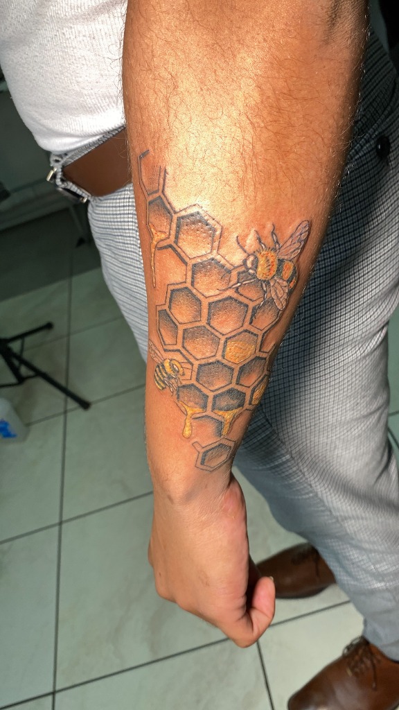 Honeycomb & Bees Forearm Tattoo by Dale
