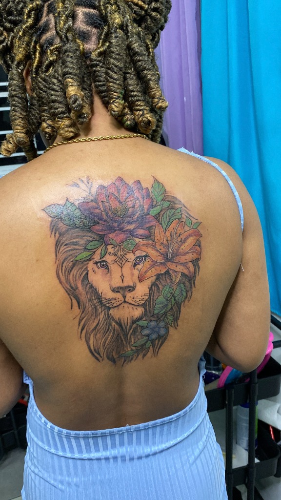 Lioness Floral Back Tattoo by Dale