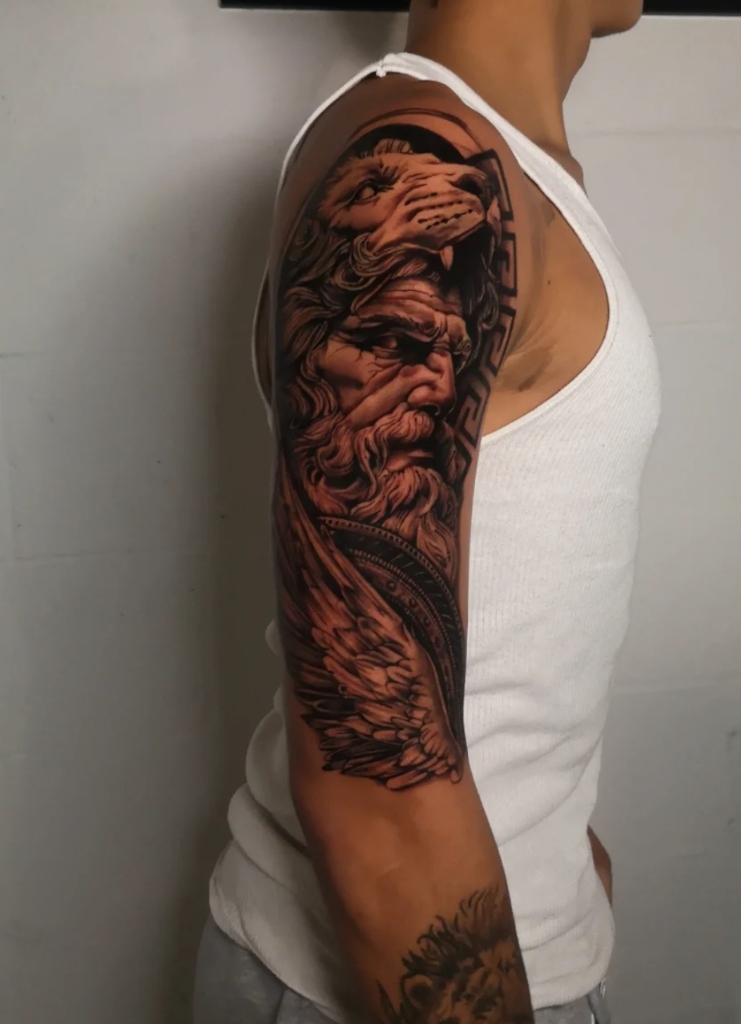Greek Mythology Zeus Lion Pelt Realism Sleeve Tattoo by Drope